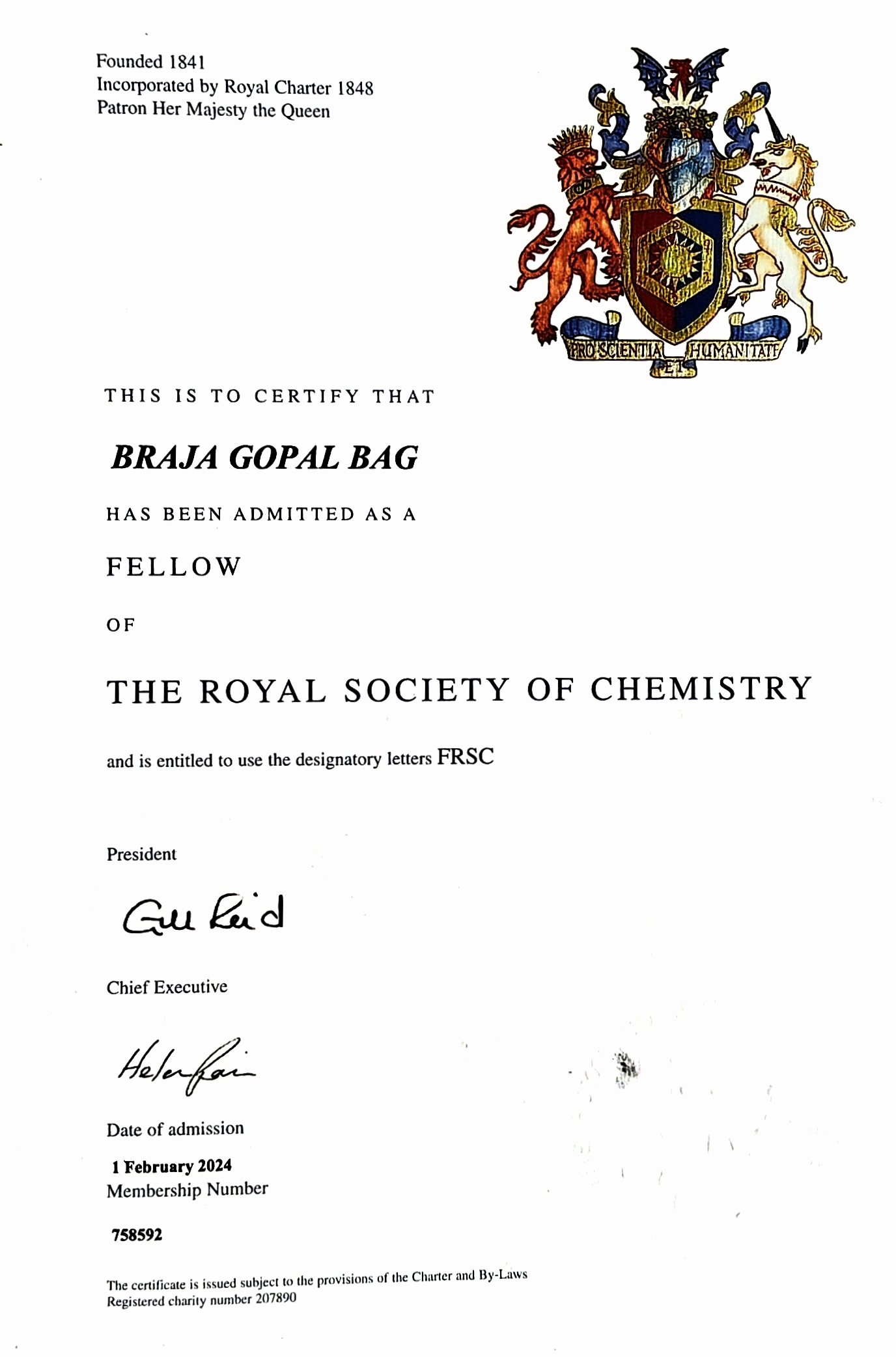 Prof. Braja Gopal Bag has been recognized as a Fellow of the Royal Society of Chemistry (FRSC), London