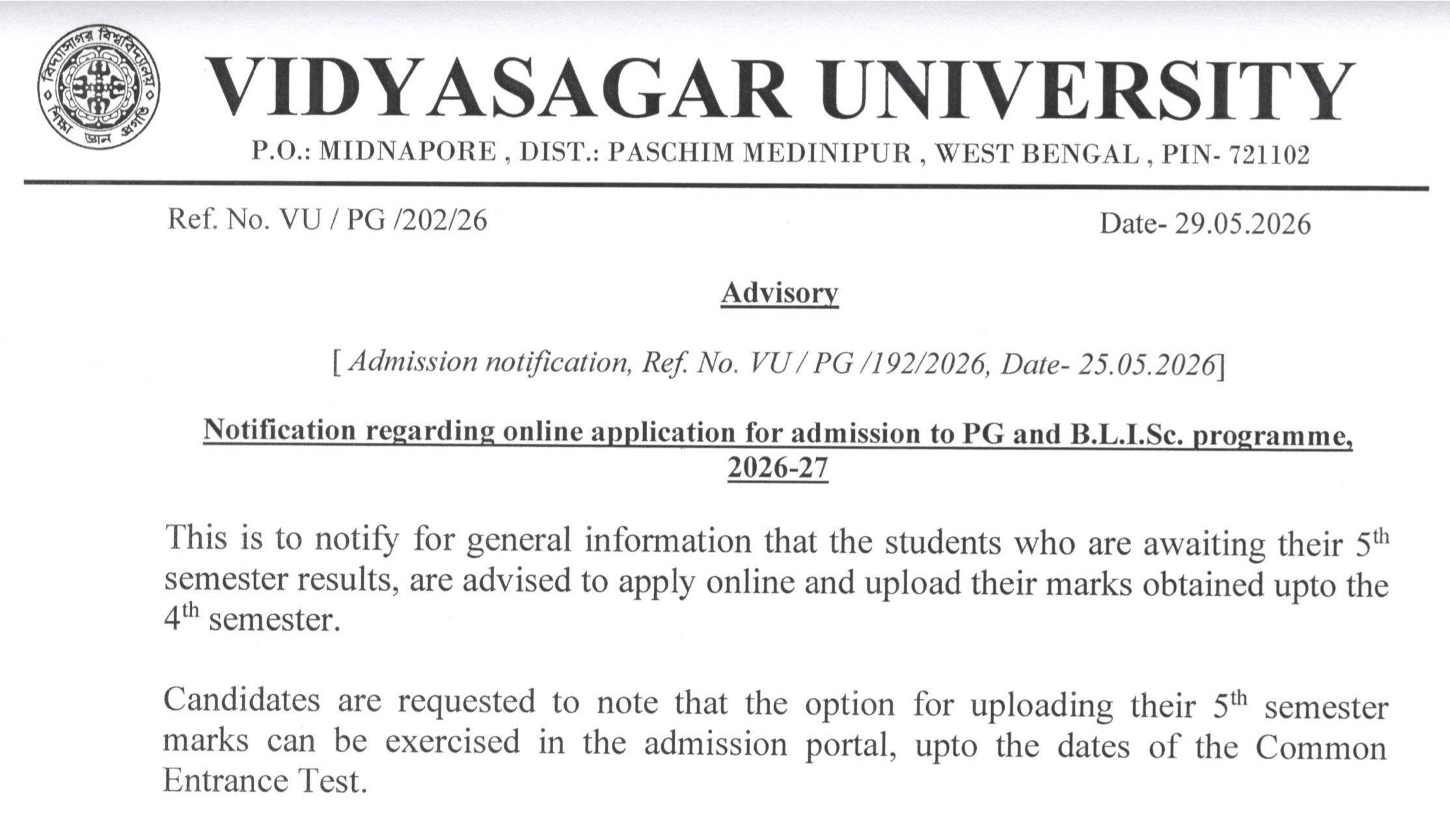Notification regarding online application for admission to PG and B.L.I.Sc. programme, 2026-27